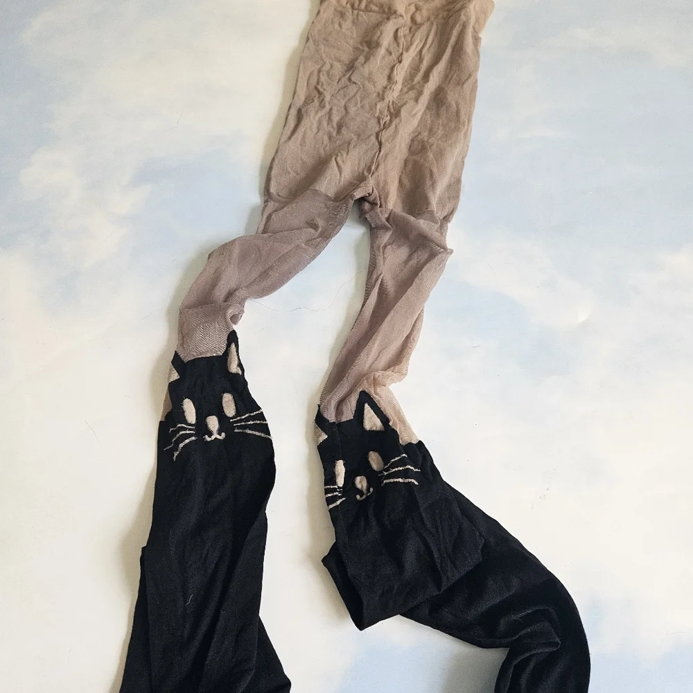 Black & Tan Skin Tone Cat Face Print Stockings Cat Tights